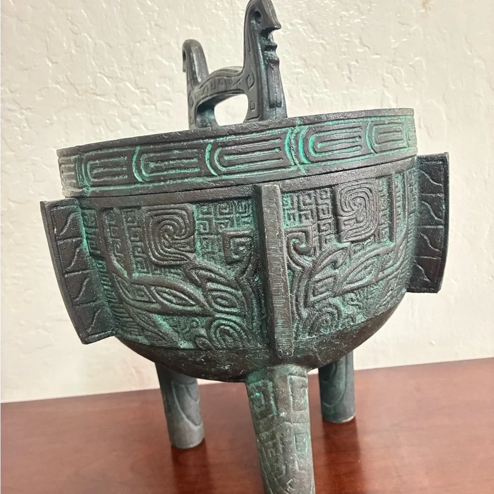 Vintage 1960s James Mont MCM Verdigris Mayan Aztec Asian Faux Bronze Ice Bucket